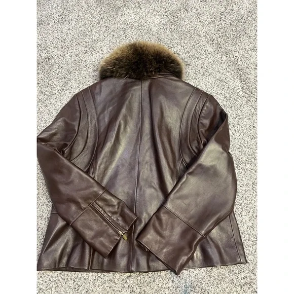Luxury Women's Genuine Leather Real Fur Collar Jacket Brown Warm Winter Coat Y2K - Picture 12 of 14